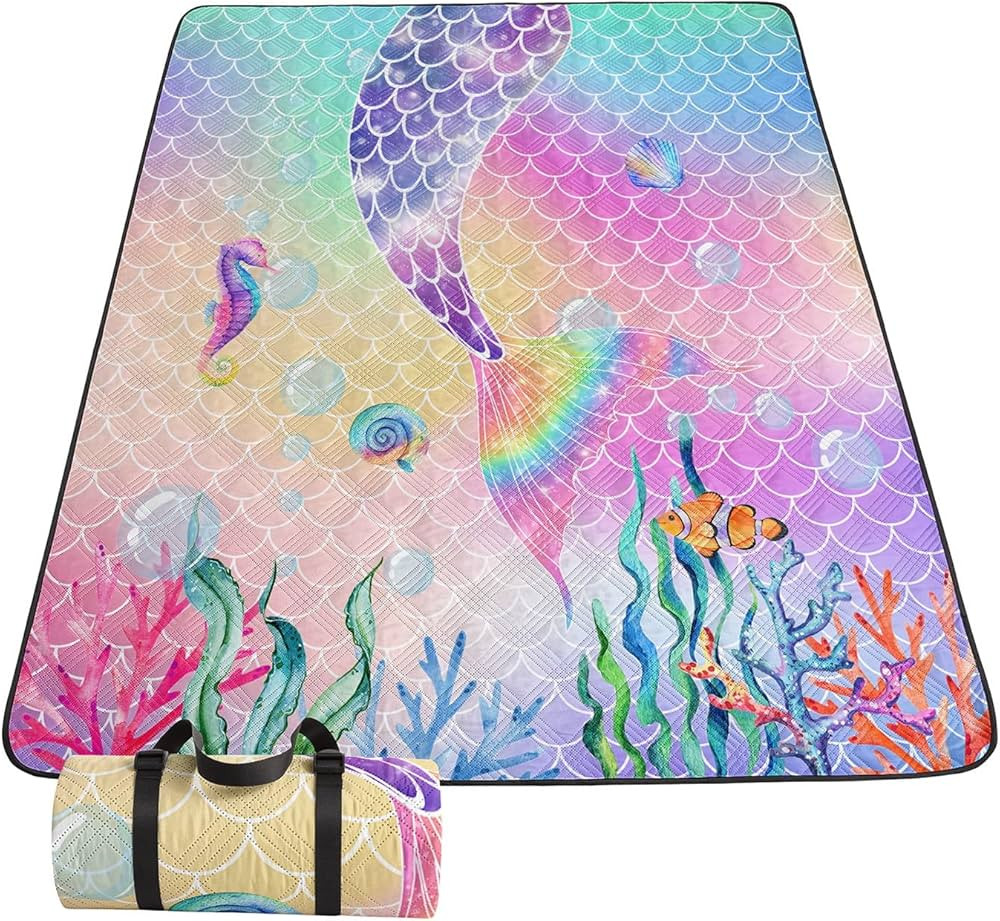 Smell Sunshine Outdoor Picnic Blanket Portable Ultrasonic Waterproof Picnic Mat Mermaid Tail Prin... | Amazon (US)