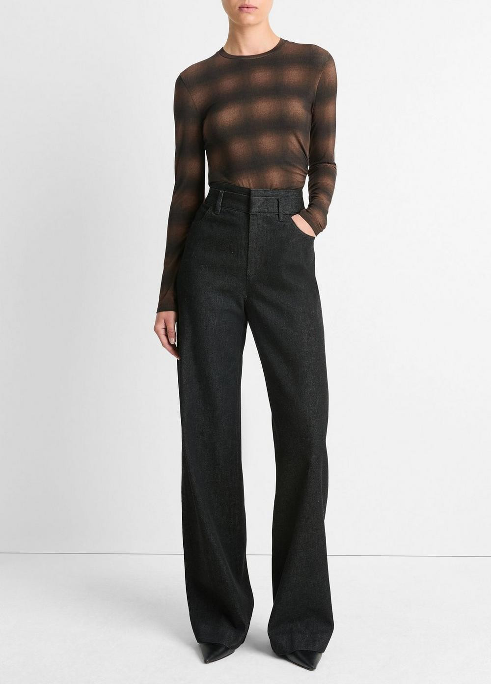 Women's Draped Long-Sleeve Crew Neck Top, Deep Walnut Combo, Size XS Vince | Vince LLC