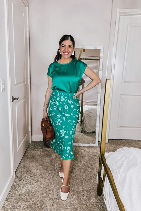 Classy green blouse & floral midi skirt for the office and teachers . Wearing size XS in both and they come in other colors. 

Teacher Outfit | Work Wear 


#LTKworkwear #LTKfindsunder50 #LTKsalealert