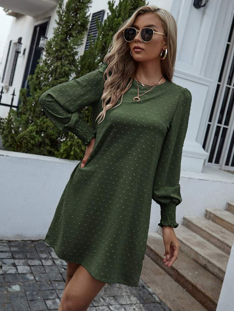 Swiss Dot Shirred Cuff Tunic Dress Without Belt | SHEIN