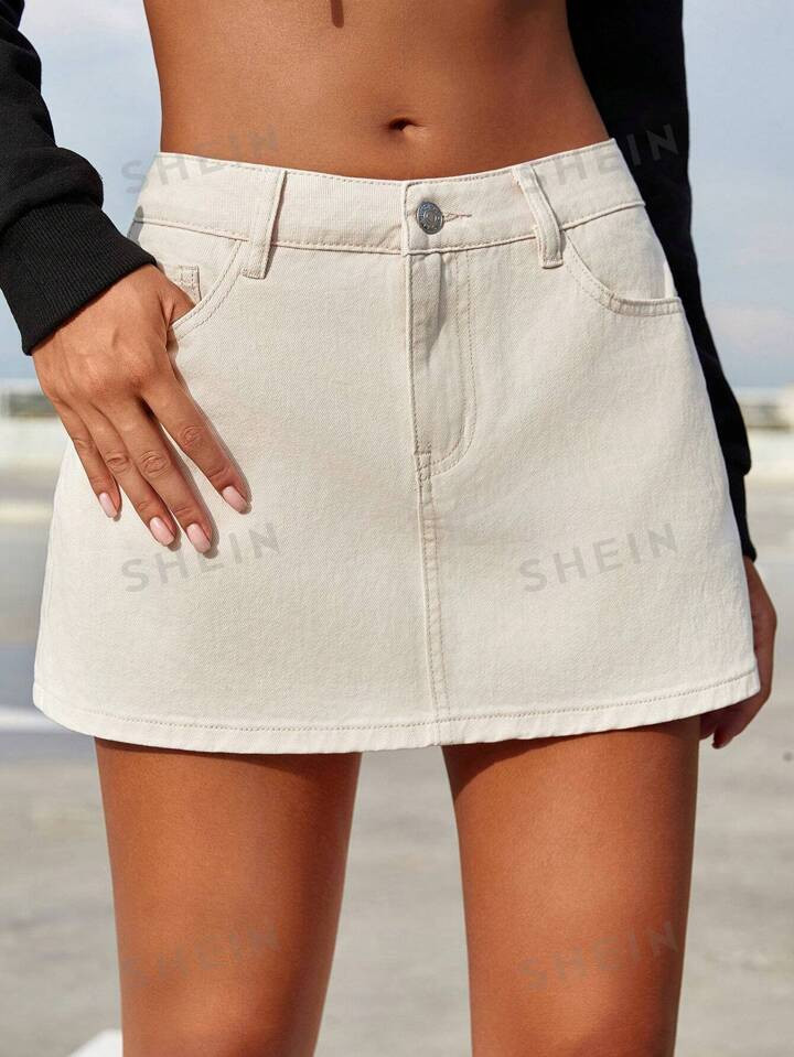 SHEIN EZwear Solid Mini Denim Skirt | SHEIN