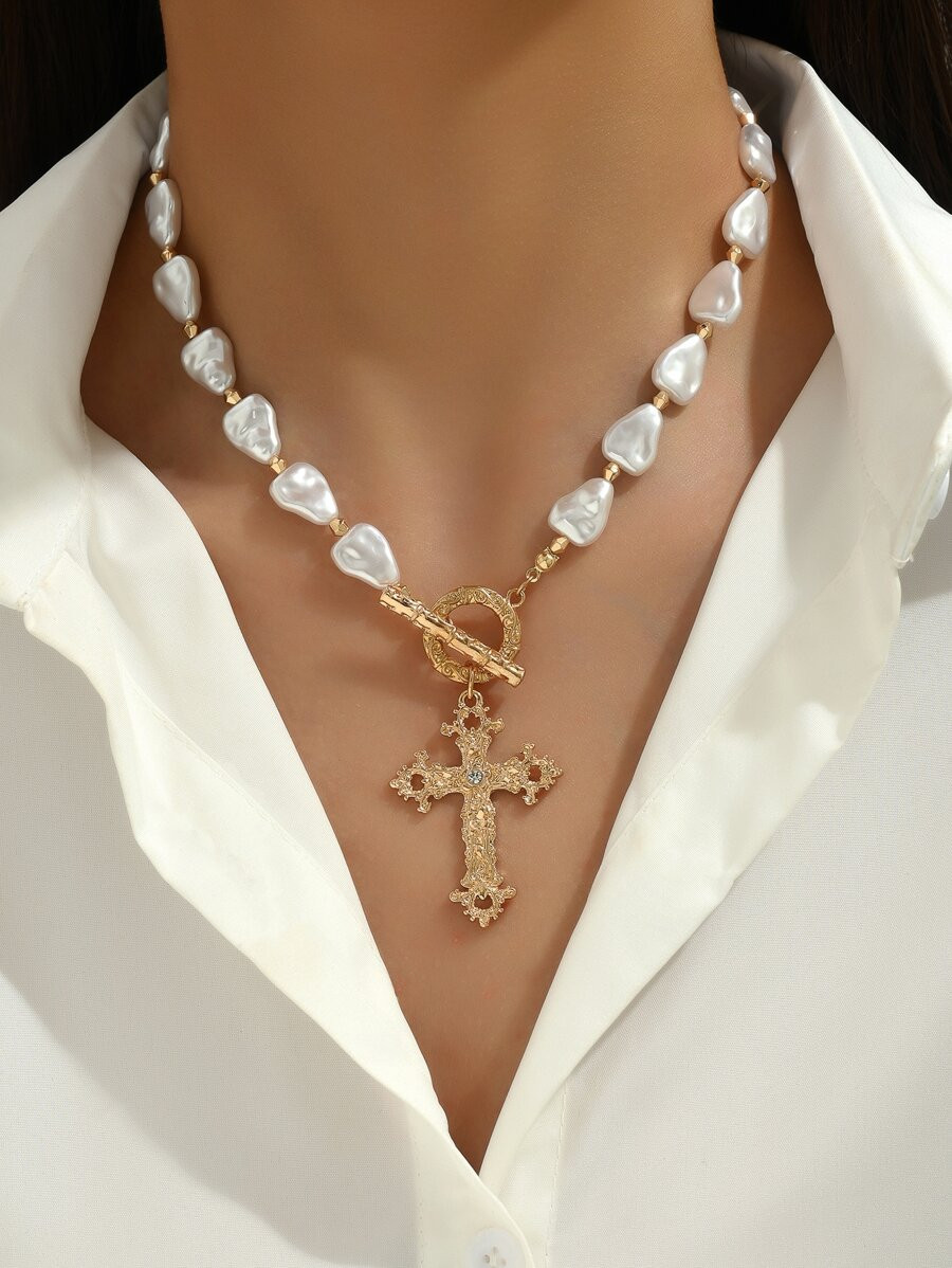 1pc Fashion Zinc Alloy Faux Pearl Rhinestone Decor Cross Pendant Necklace For Women For Decoratio... | SHEIN