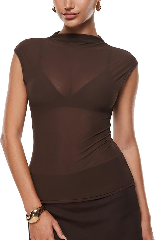 INLYRIC Women's Cosnufy Mesh Sheer Mock Turtle Neck Tank Tops See Through Sleeveless Sexy Summer ... | Amazon (US)