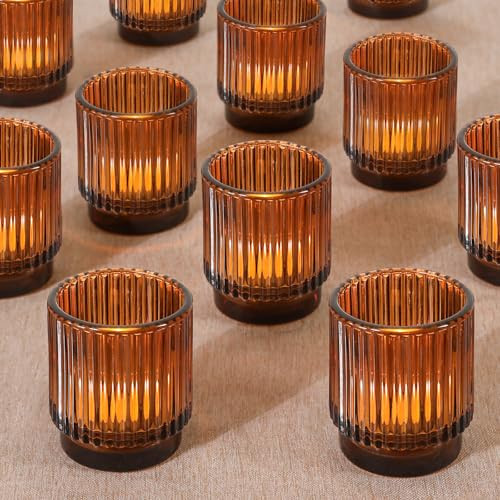 Vintage Ribbed Amber Glass Tealight & Votive Candle Holders (Set of 12), Wedding Bridal Shower Party Table Decor, Fall Decor, Boho Decor, Shelf Decoration | Amazon (US)