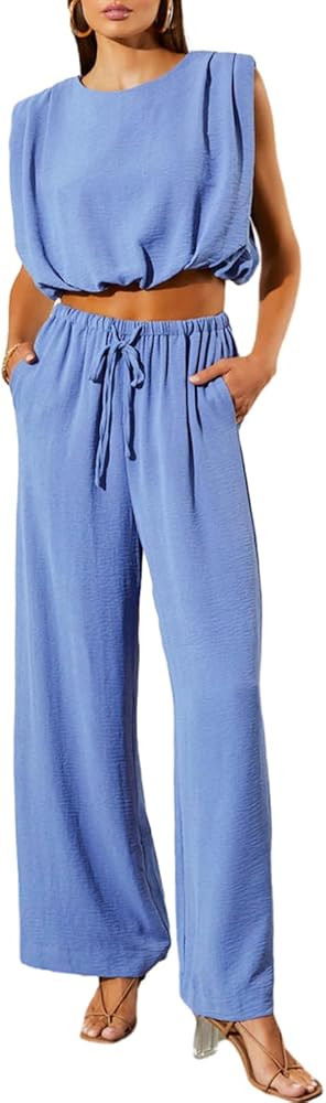 Dokotoo Summer 2 Piece Outfits for Women Sleeveless Crop Tank Tops and Wide Leg Pants with Pocket... | Amazon (US)