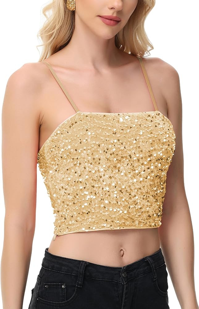 Anna-Kaci Women's Sparkly Sequin Cami Tops Crop Club Party Glitter Spaghetti Strap Tube Top | Amazon (US)