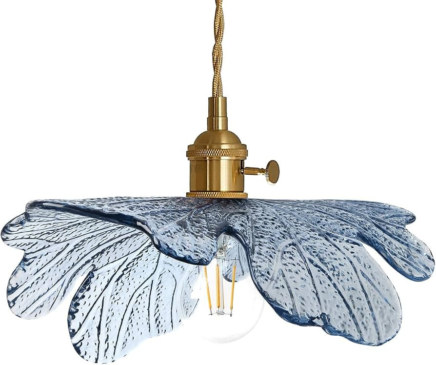 Vintage Glass Pendant Light Gold Brushed Brass Hanging Light with Blue Flower Glass Shade, Farmho... | Amazon (US)