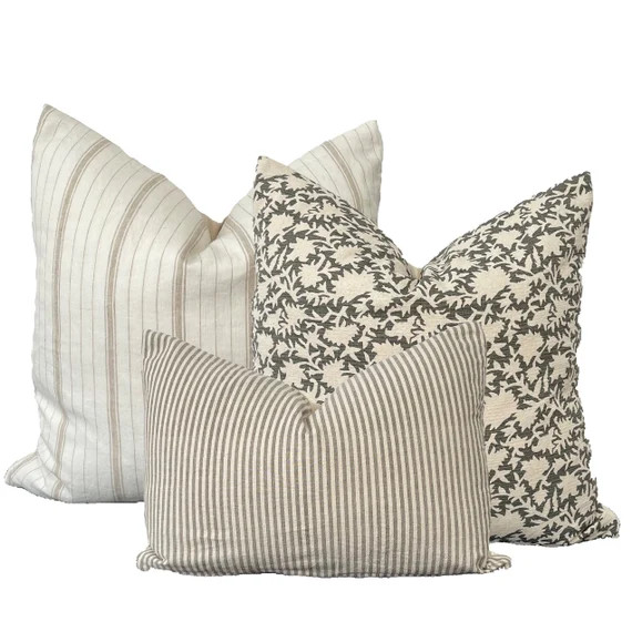 Chiangmai Native Cotton Pillow Cover, green floral / natural /Tan striped Modern Farmhouse Pillow... | Etsy (US)