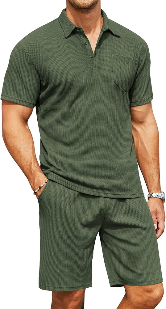 COOFANDY Men's Waffle Knit Polo Shirt and Shorts Set 2 Pieces Outfits Summer Suit Casual Tracksui... | Amazon (US)