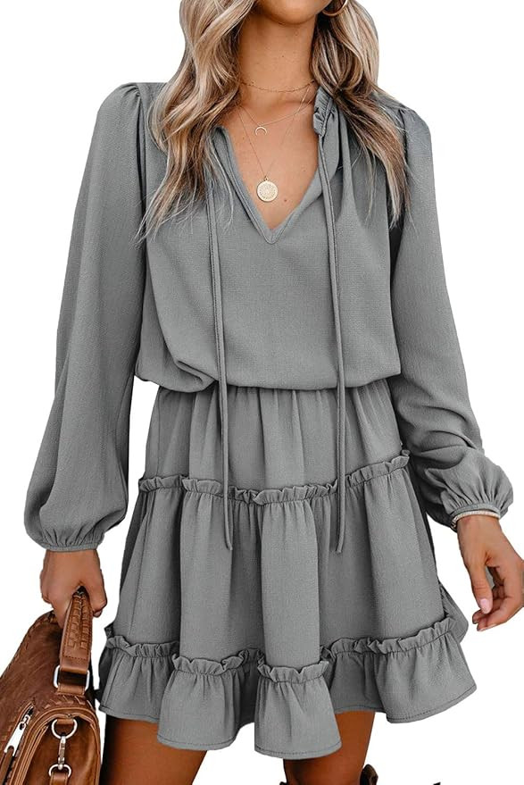 BTFBM Women Casual Fall Dresses V Neck Tie Neck Long Sleeve High Waist Dot Ruffle Tiered A Line S... | Amazon (US)