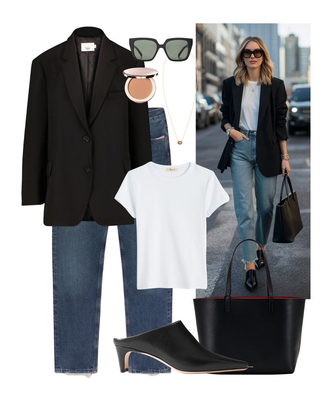 If you’re ever unsure what to wear, start here. A structured black blazer over a crisp white tee and relaxed denim always works. Clean, minimal, and endlessly versatile.

#blazeroutfit #everydaystyle #smartcasual #capsulewardrobe #classicstyle #minimalchic #denimlook #effortlessstyle #wardrobeessentials #ltkstyle #citychic #modernwoman



#LTKWorkwear #LTKOver40 #LTKootd