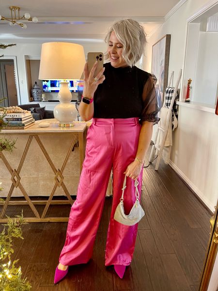 Hot pink pants, pink shoes, sparkle bag, holiday parties, fall outfits, pink silk pants 

Code WANDA10 

#LTKSeasonal #LTKHoliday #LTKunder100