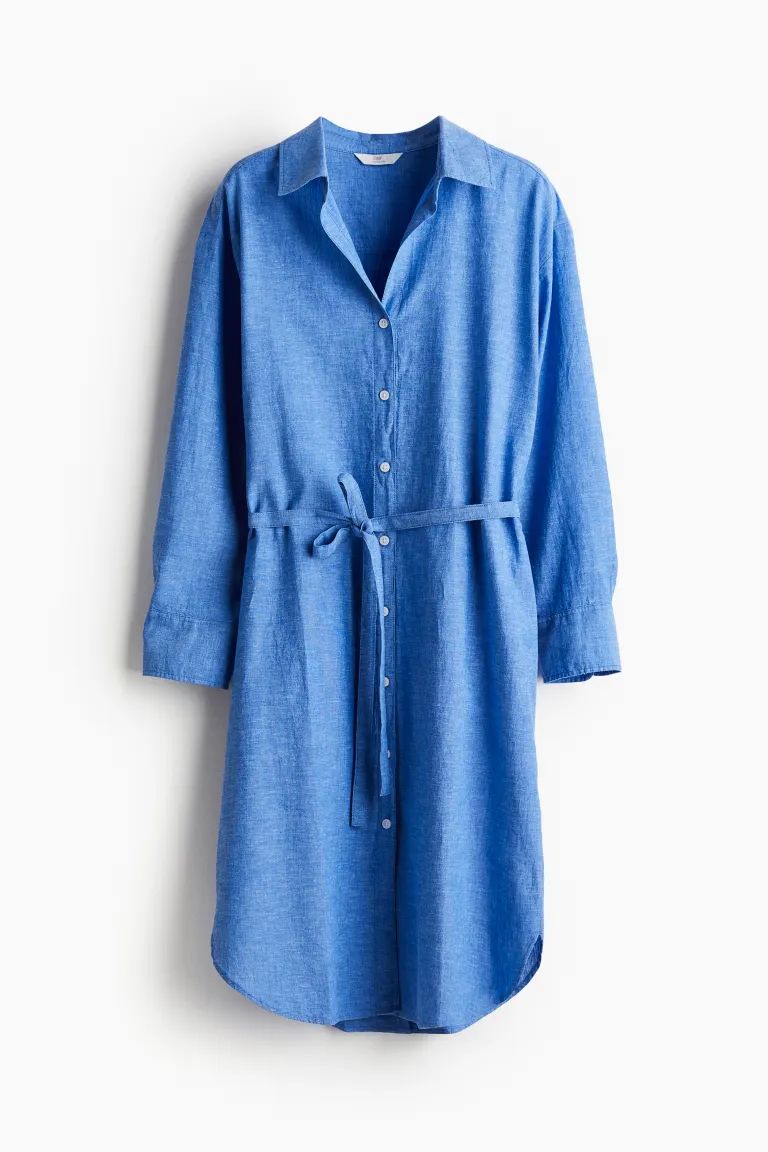 Linen-blend Shirt Dress - Long sleeve - Short - Blue - Ladies | H&M US | H&M (US + CA)