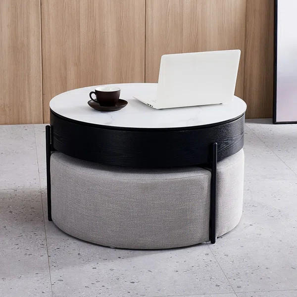 Round Lift-Top Coffee Table With Storage White & Black Without Stools | Wayfair North America