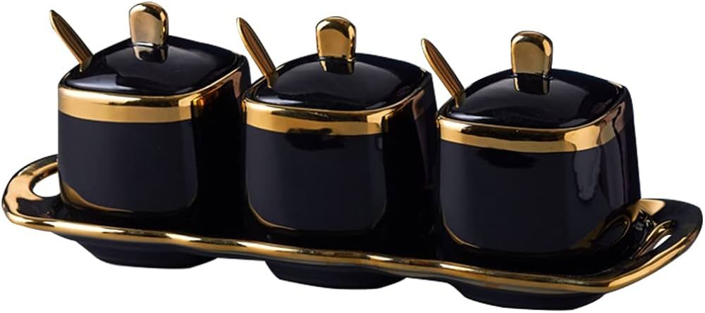 3pcs Ceramic Condiment Pots Porcelain Sugar Bowls Decorative Gold Salt Containers Set Seasoning P... | Amazon (US)
