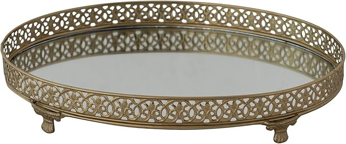 Creative Co-Op Oval Metal Filigree Footed Tray with Mirror, Gold Finish | Amazon (US)