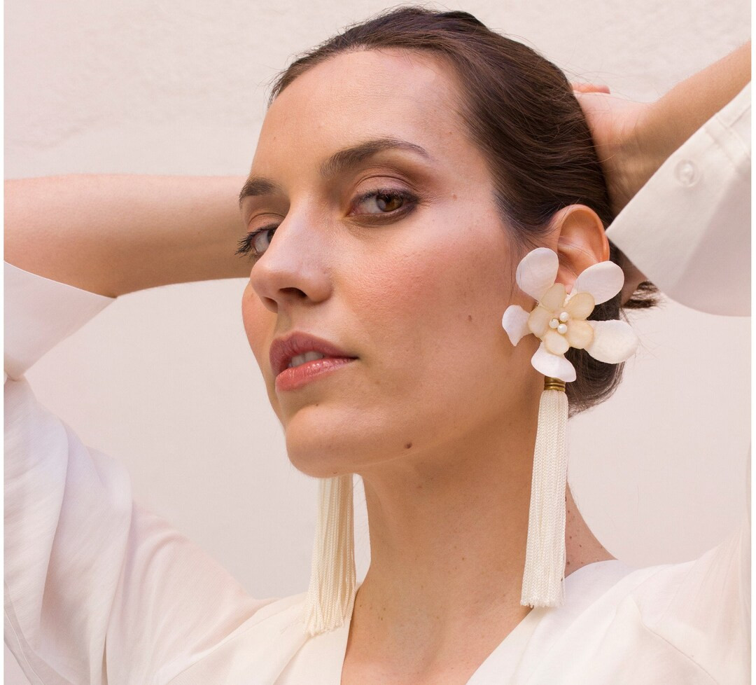 White large tassel earrings, Statement flower bride earrings, Bridal fringe earrings | Etsy (UK)