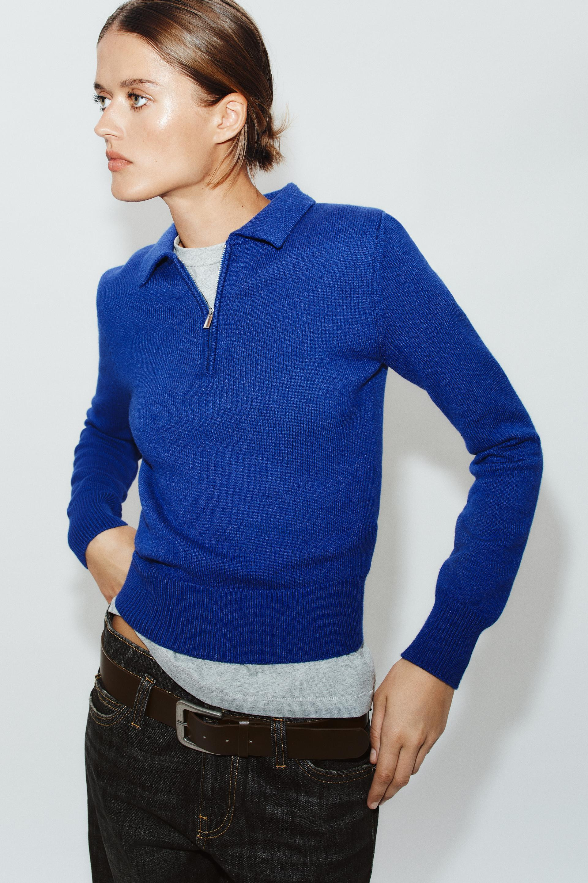 Zara - Zip-Neck Knit Polo - Bluish - L - Woman | Zara US