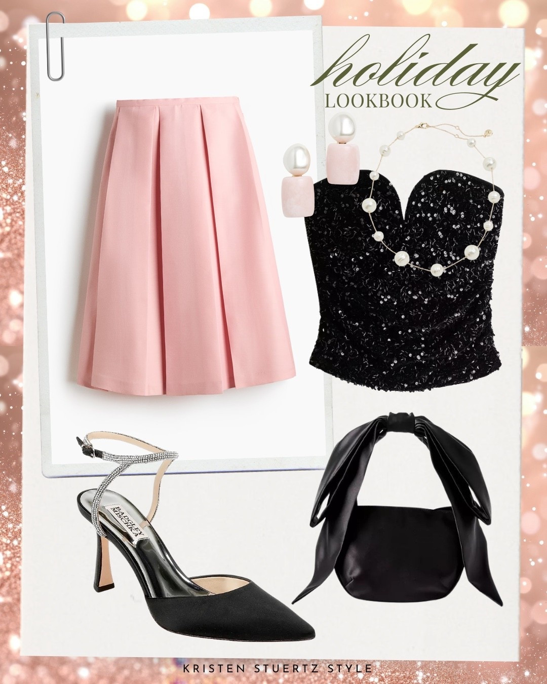 Holiday outfit: a pink satin skirt paired with a sequin top from H&M, black bow bag from Loft, Badgley Mischka satin heels, and pearl accessories.



#LTKFindsUnder100 #LTKHoliday #LTKootd
