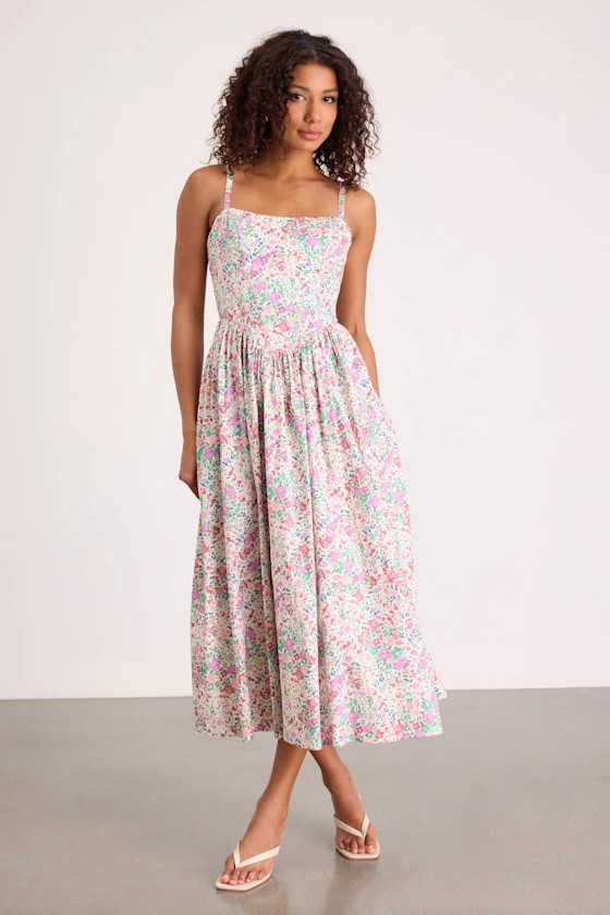 Dinette Ivory Multi Floral Basque Waist Midi Dress | floral midi dress | floral spring dress  | Lulus