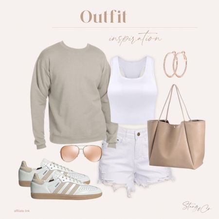 Pair this cozy nude crewneck sweatshirt with a white tank, white cut off shorts, adidas Samba sneakers, a nude tote bag, aviator sunglasses, and rose gold rhinestone hoop earrings. 

Spring outfit, summer outfit, Amazon fashion, tall friendly outfit 

#LTKfindsunder50 #LTKstyletip #LTKshoecrush