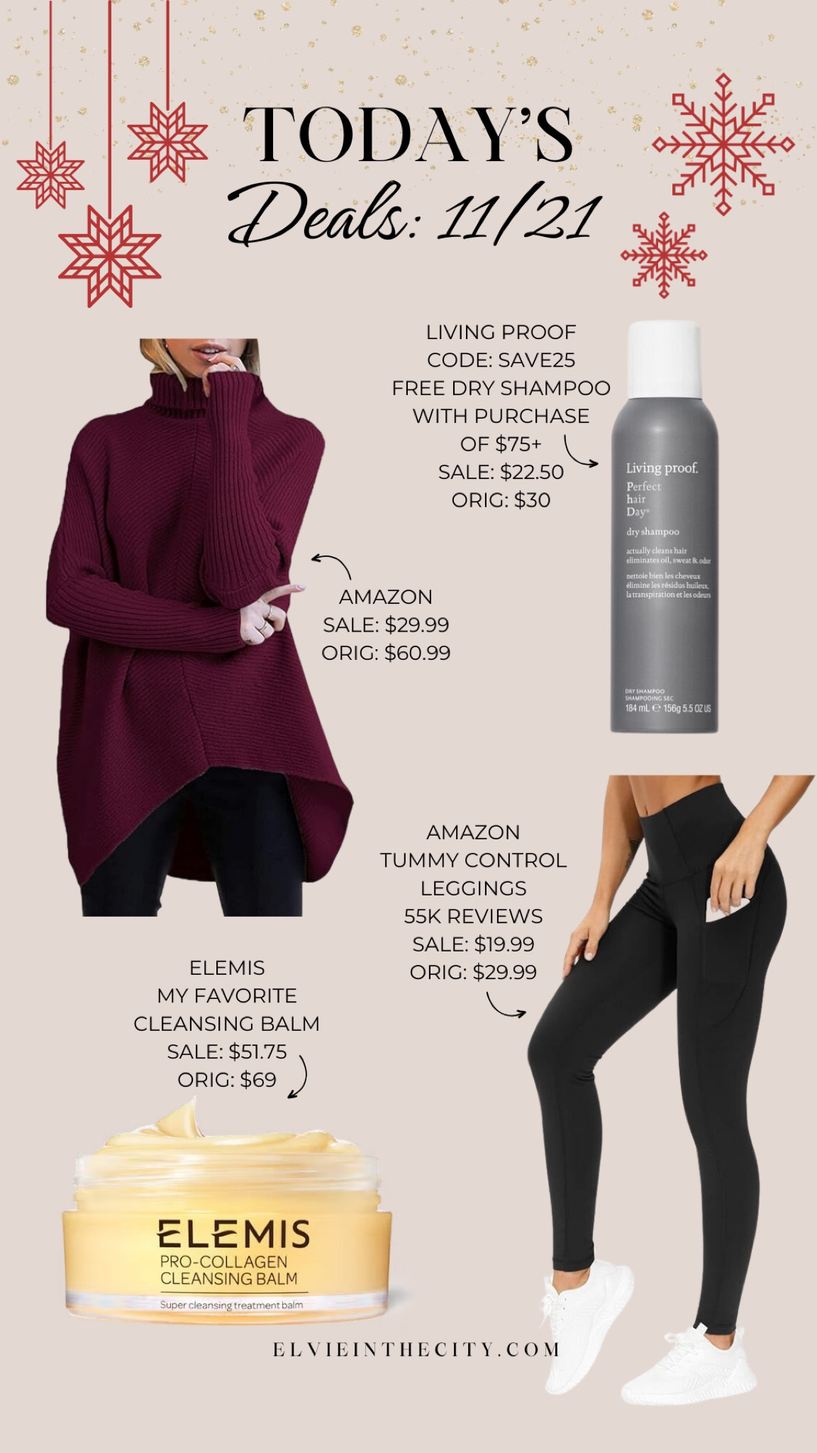 Today’s deals include an oversized turtleneck sweater from Amazon, Living Proof Dry Shampoo (use code SAVE25, and get free dry shampoo with a purchase of $75+), Elemis cleansing balm (my favorite!), and tummy control leggings from Amazon.

Deal of the day, fashion over 40, fashion over 50, midlife fashion, skincare, affordable fashion

#LTKStyleTip #LTKFindsUnder50 #LTKSaleAlert