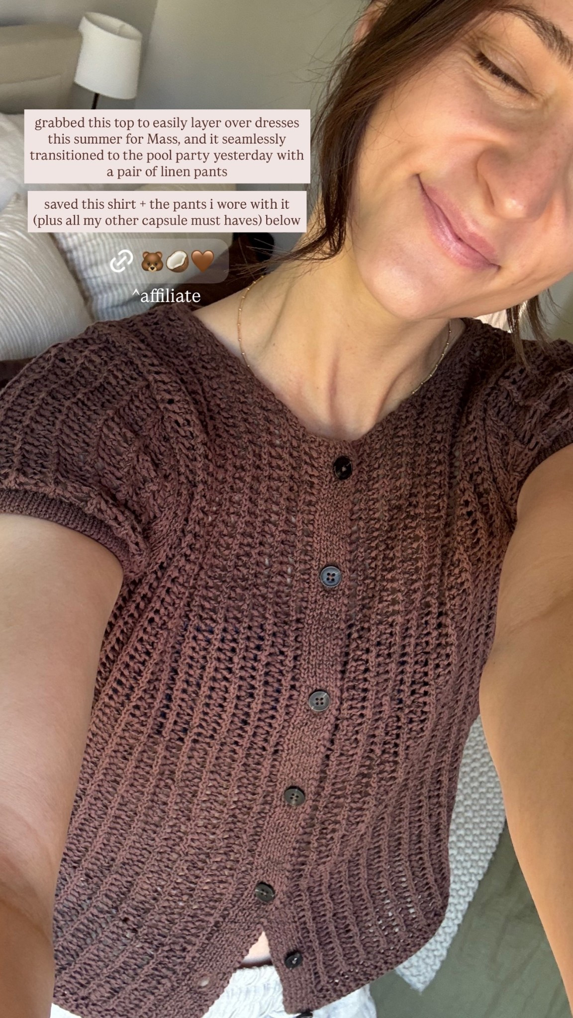 grabbed this top to easily layer over dresses this summer for Mass, and it seamlessly transitioned to the pool party yesterday with a pair of linen pants

saved this shirt + the pants i wore with it (plus all my other capsule must haves) below ^affiliate