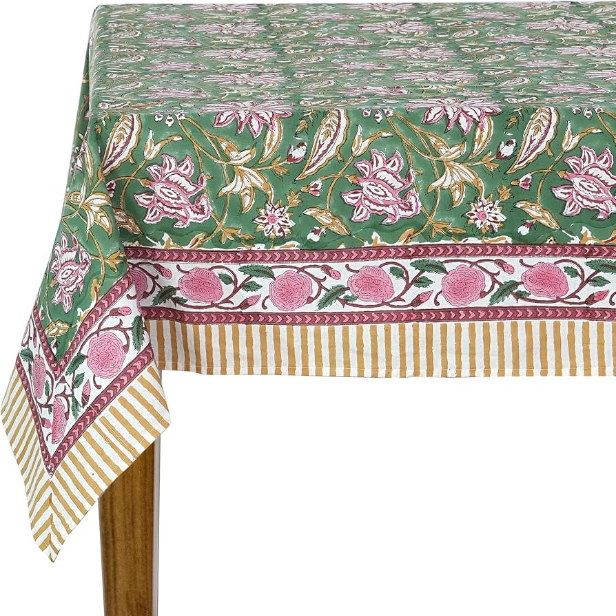 Ridhi Hunter Green Hand Block Print Cotton Rectangle Tablecloth 108" x 60" inches Reusable Table ... | Amazon (US)