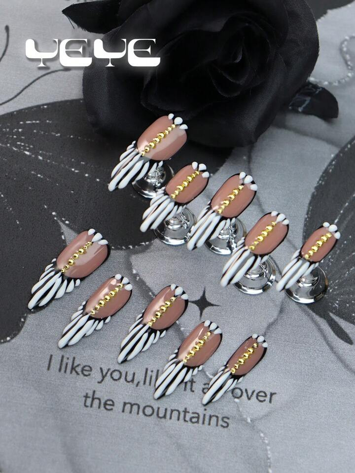 Instantly Upgrade Your Look With 10pcs Stiletto Shape Handmade Darkness Black White Stripe French Tip Modernist Night Light European Full Coverage Fake Nails Set 1 Count Manicure Set Nordic Skin Color Steel Ball Y2K Iridescent Noctilucence Classic Full Cover False Nails Set For Girls And Women With 1pc Mini Nail File & 1 Sheet Adhesive Tabs Press On Nails | SHEIN