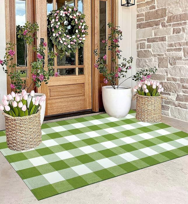Front Porch Rug 3'x5'Checkered Green and White Outdoor Rug Farmhouse Layered Doormat Machine Wash... | Amazon (US)