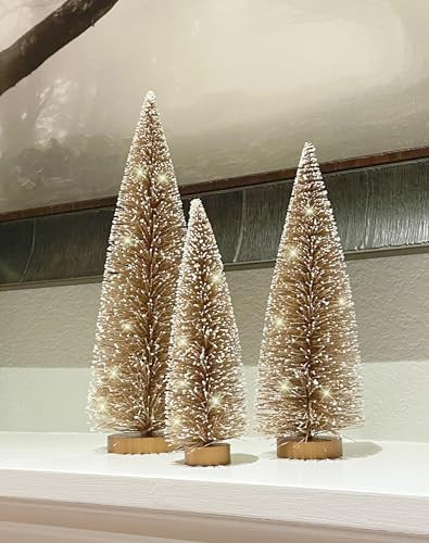 Christmas Bottle Brush Trees Set of 3 in Sparkling Gold with Snowy White Tips, 15 Inches,12 Inches and 9 Inches High on Wood Bases | Amazon (US)