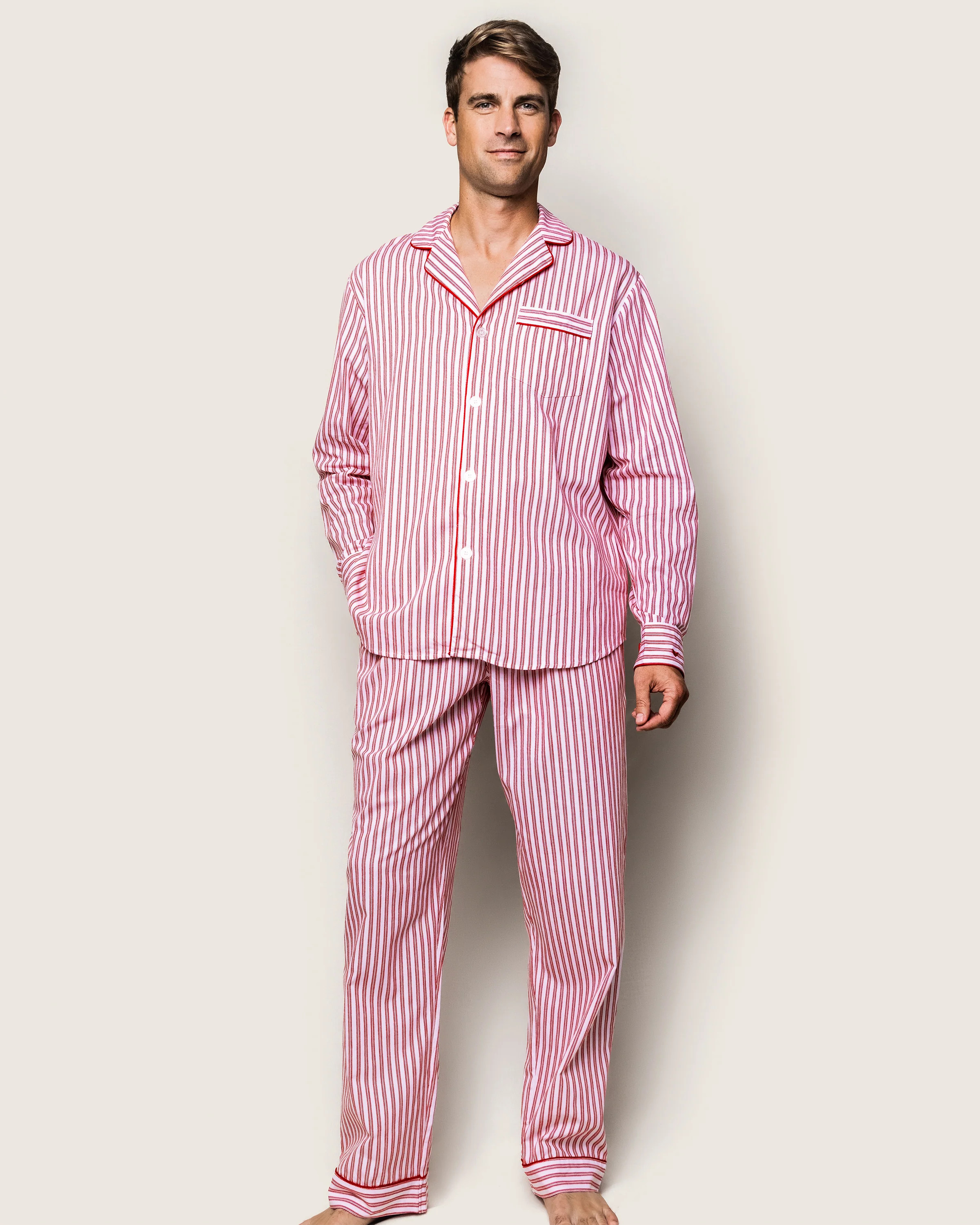 Men's Twill Pajama Set in Antique Red Ticking | Petite Plume