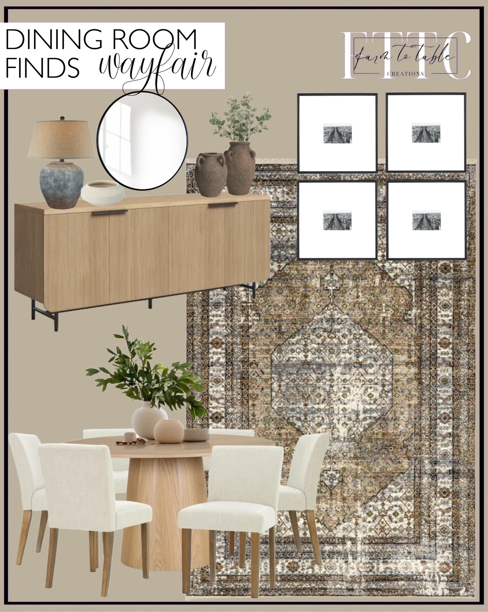 Wayfair Dining Room Finds. Follow @farmtotablecreations on Instagram for more inspiration.

Charvi Distressed Medallion Fringe Area Rug. Six Piece Pedestal Dining Set. Four Door Sideboard. Sabine Metal Round Wall Mirror. Houa Alabaster Table Lamp. Ceramic Textured Vase. Decorative Bowl. Eucalyptus Stems. Gallery Wall Frames. Earthenware Table Vase. 

Dining Room | Dining Cabinet | Bedroom Furniture | nightstands | Home Decor| Fireplace Decor | Spring Refresh |  Bedroom Finds | Neutral Stems | Spring Stems | Bookshelf Decor | Bedroom Space | Cozy Corner | Bathroom | Curated Entryway | Spring  Decor | End of Year Clearance | Trending Decor | Viral Decor  | Coffee Table Decor | Neutral Decor | Stem Sale | Target Finds | Skinny Bench | Bedroom | Living Room | Breakfast Nook | Amazon Home | Target Sale | Loloi Rugs | Magnolia Home | console table | console table styling | faux stems | entryway space | front porch decor | neutral decor | entryway decor | cozy home | affordable decor |  home decor | home inspiration | console styling | entryway rug | cozy moody home | moody home decor | neutral home | bathroom decor | living room | spring decor | Hearth & Hand | Studio McGee | 2025 Home Trends | trending home | Crate&Barrel 


#LTKSaleAlert #LTKFindsUnder50 #LTKHome