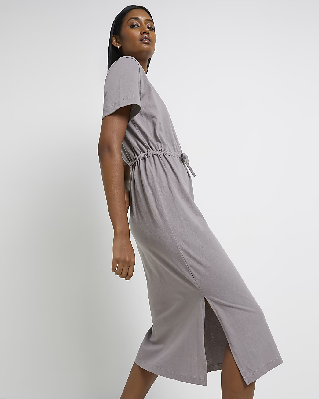 Grey drawstring jersey t-shirt midi dress | River Island (UK & IE)