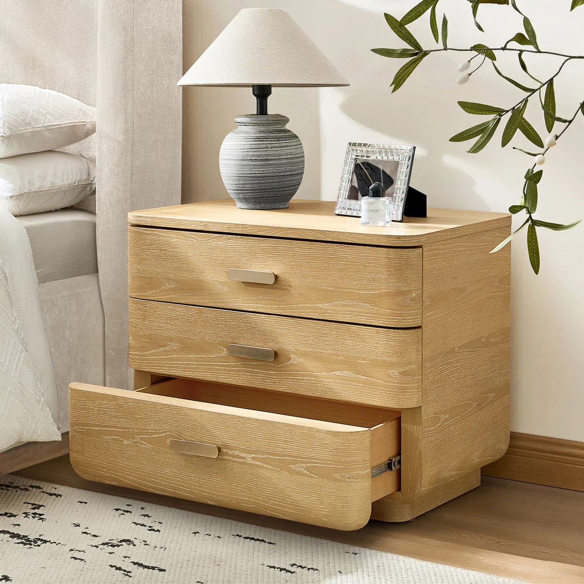 Overton Modern 30"W 3-Drawer Oak Wood Fully Assembled Nightstand with Built-In Powerstation and U... | Wayfair North America
