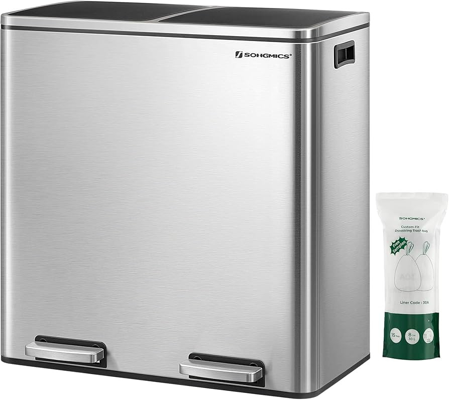 SONGMICS Trash Can, 2 x 8-Gallon Garbage Can for Kitchen, with 15 Trash Bags, 2 Compartments, Pla... | Amazon (US)