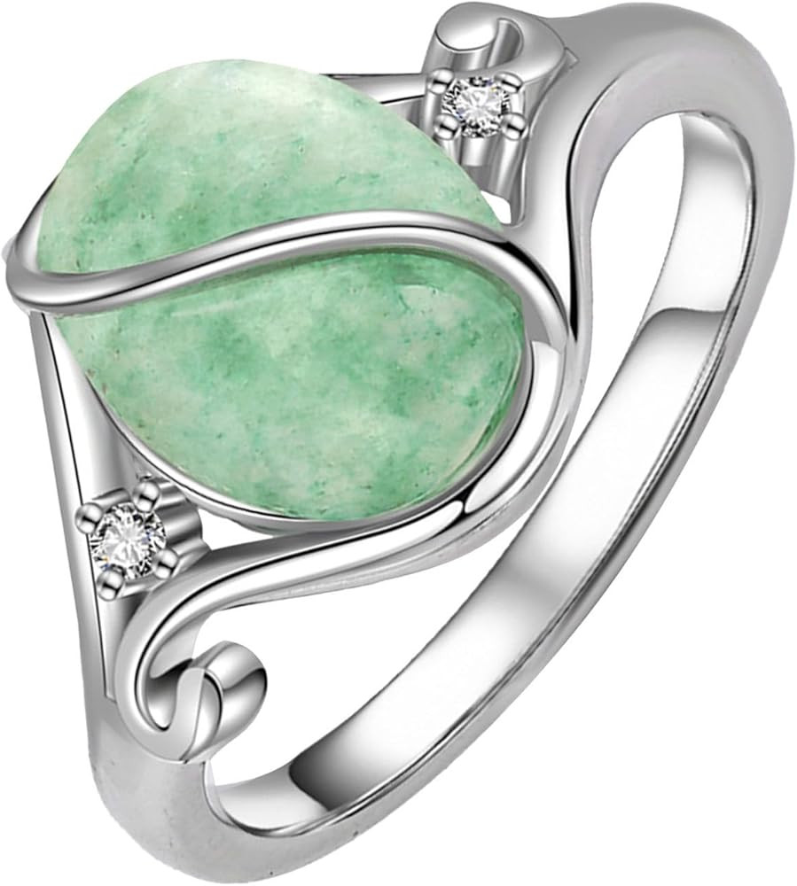 Gemstone Ring S925 Sterling Silver Vintage Oval Jade/Opal/Moonstone/Mood/Obsidian/Moss Agate/Turq... | Amazon (US)