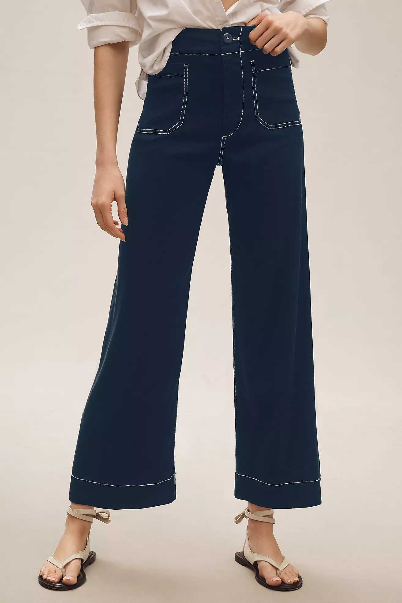 The Colette Contrast-Stitch Linen Crop Wide-Leg Pants by Maeve | Anthropologie (US)