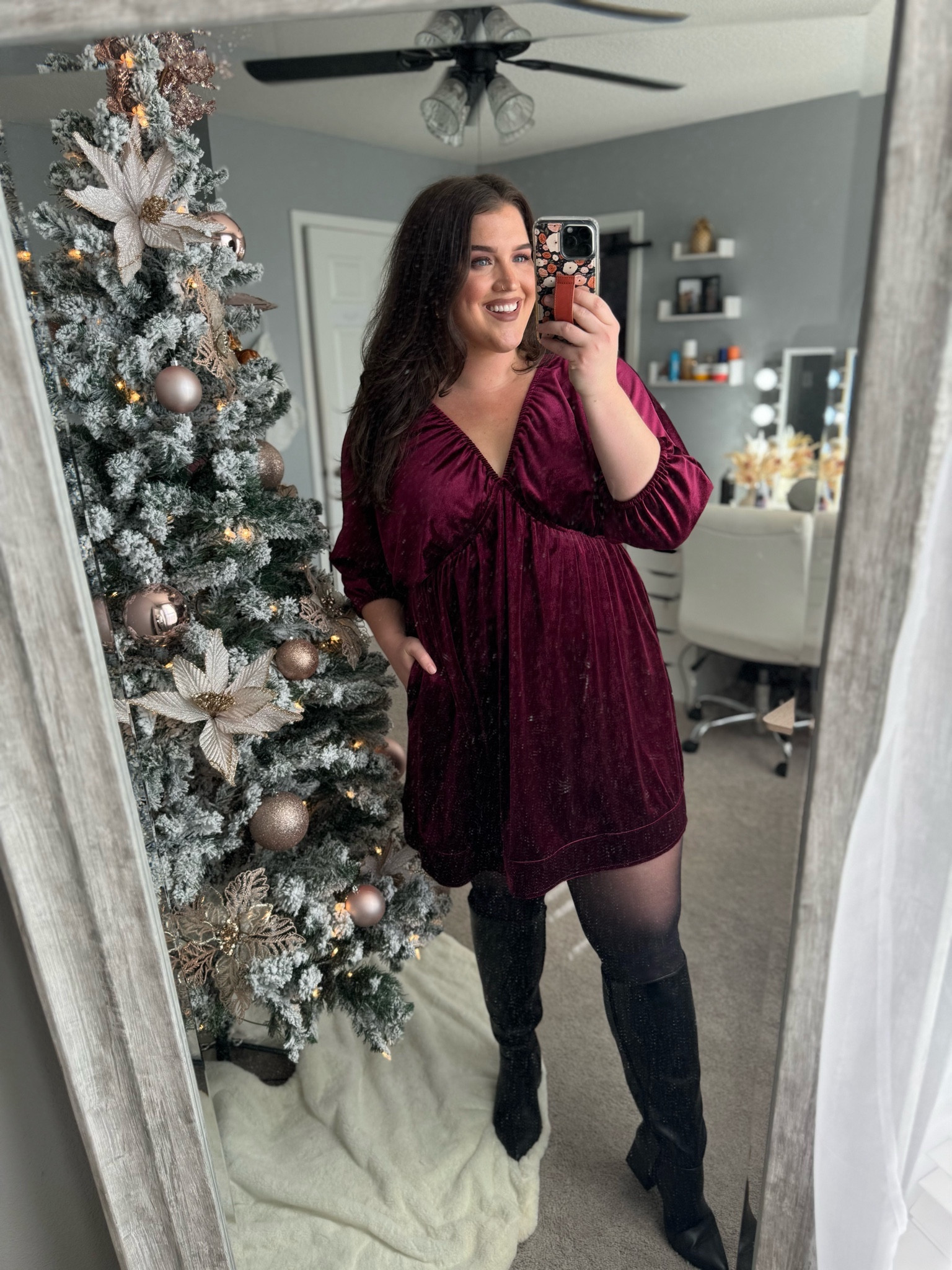 Christmas Day outfit inspo 🎁🎄 Red velvet mini dress (Portia velvet mini Free People lookalike) black tights and tall wide calf boots ✨ 
Dress is a size XL 
#ootd #holidayoutfit #minidress #velvet #tights #boots #widecalfboots #styleinspo #freepeople 

#LTKstyletip #LTKHoliday #LTKSeasonal