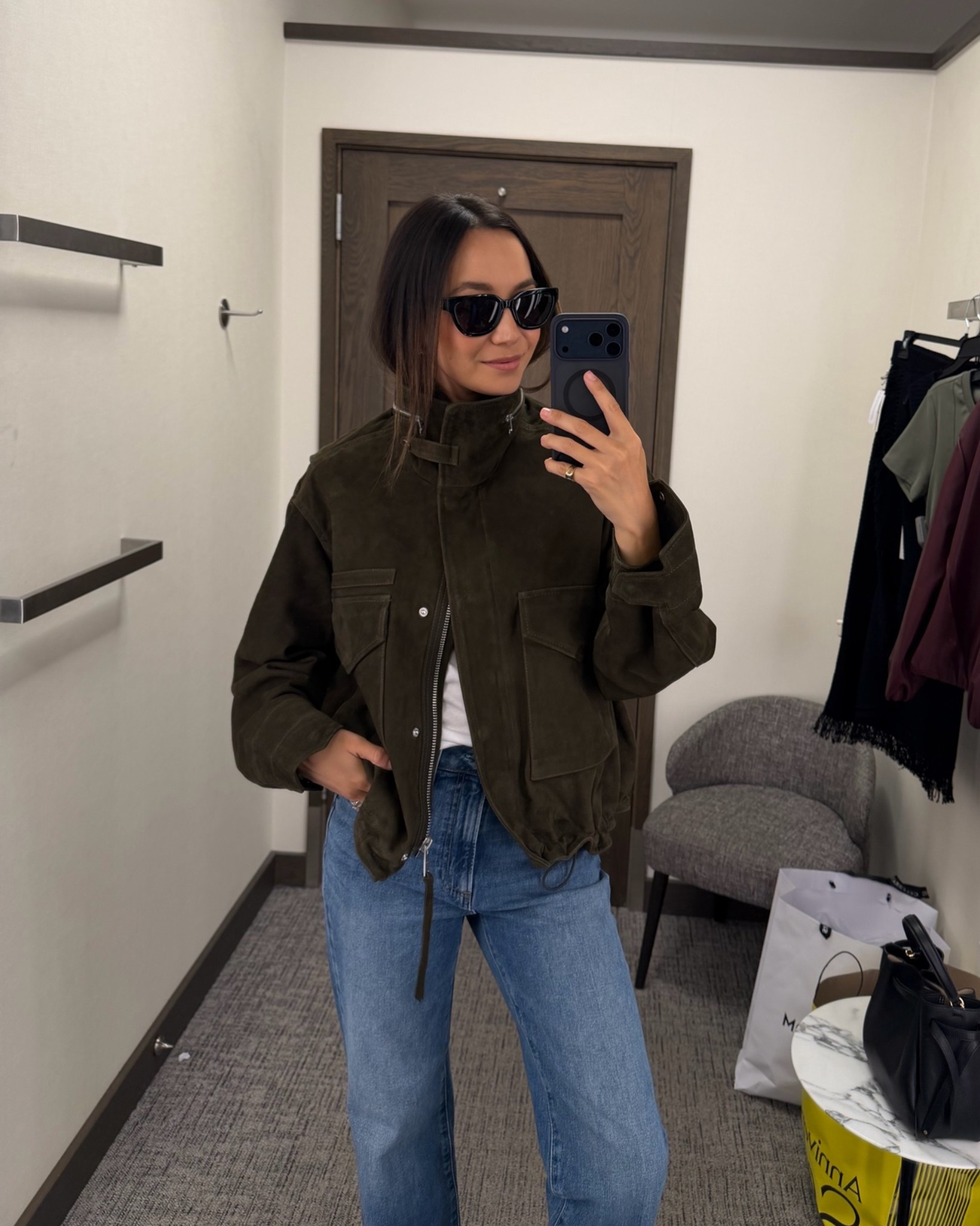 The chicest suede jacket!! I finally tried this one on in store and love. Oversized & chic. Can also be cinched at the waist. Wearing xs  

Nsale Allsaints suede jacket fully stocked
