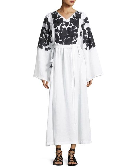 Summer Garden Embroidered Linen Kimono-Sleeve Dress | Neiman Marcus