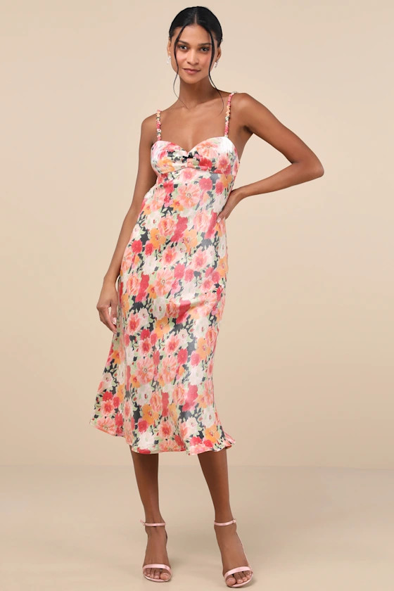 Sensational Spirit Black Multi Floral Satin Tie-Back Midi Dress | Lulus