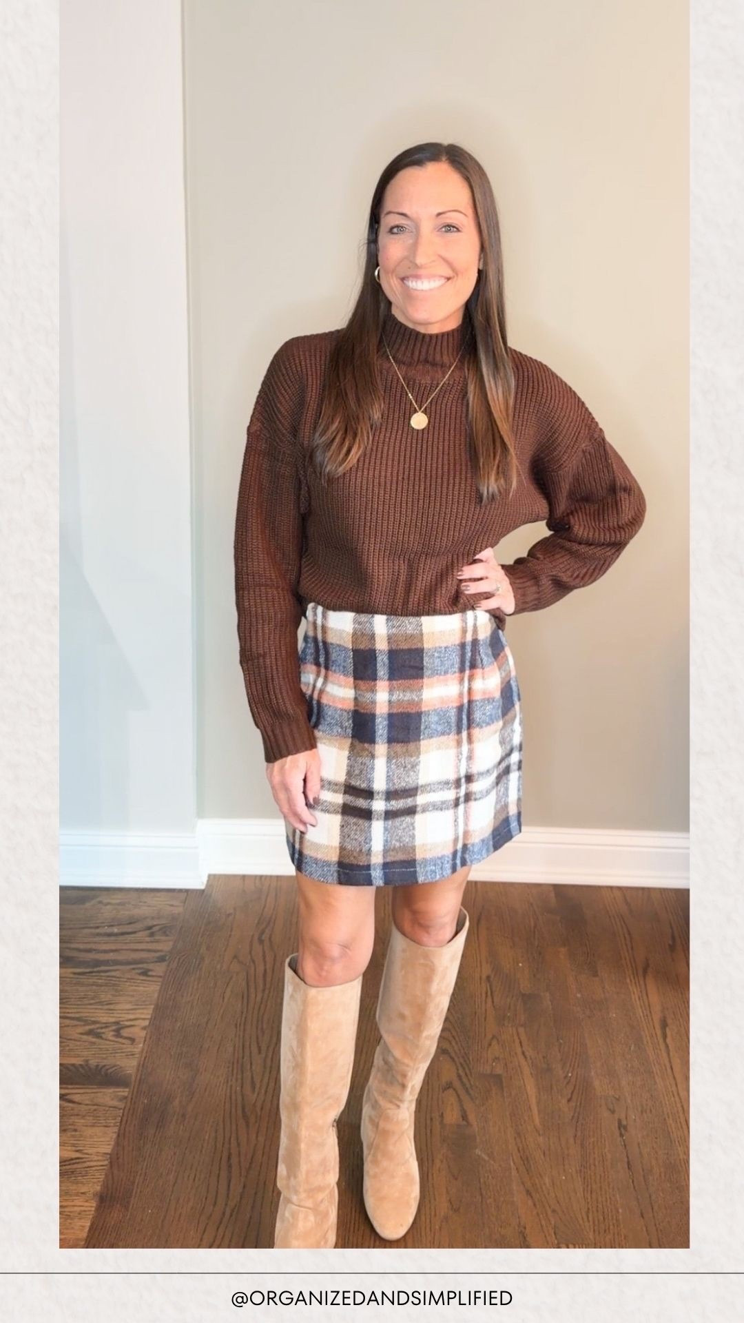 Great espresso brown sweater with plaid skirt for Thanksgiving! I love these high boots for the holidays! 

#LTKStyleTip #LTKSeasonal #LTKHoliday