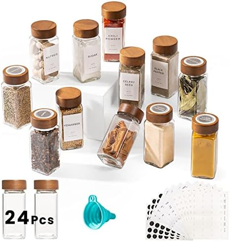 Yangbaga 24Pcs Glass Spice Jars with Labels，4oz Empty Square Spice Bottles with acacia wood lid... | Amazon (US)