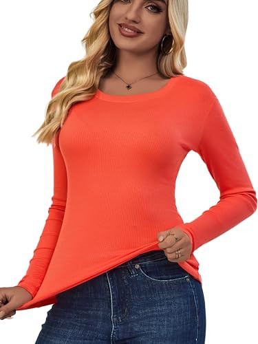 ASAIR Orange Long Sleeve T Shirt Women for Women Ribbed Fall Basic Trendy Stretchy Lightweight(Orange Large) | Amazon (US)