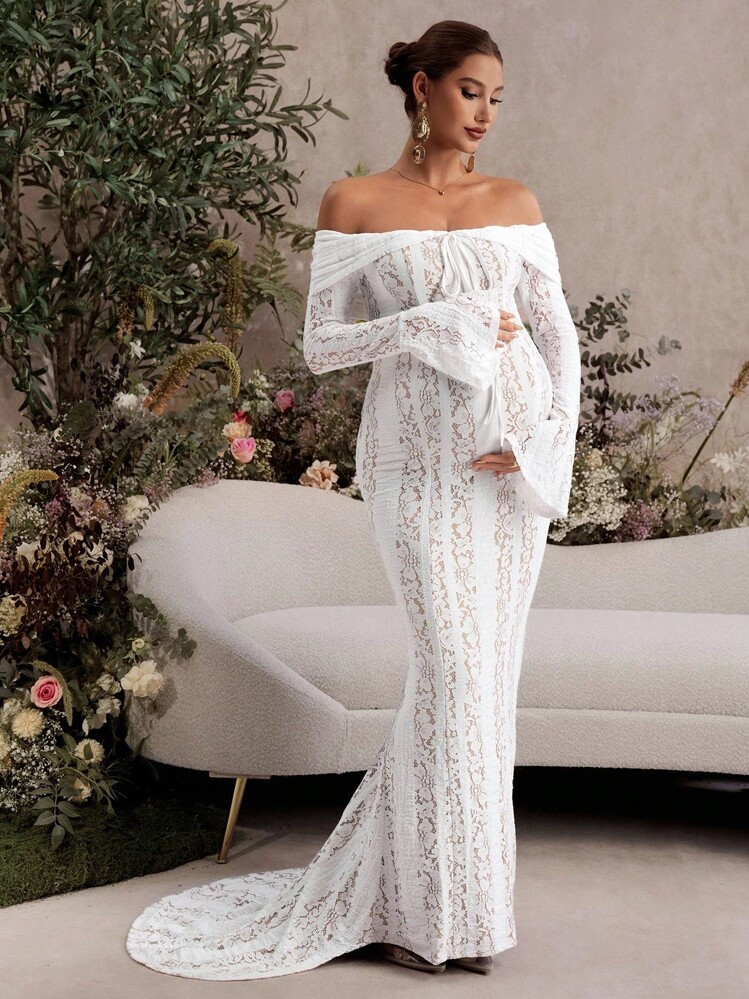 MaterniChic Pregnant Women Lace Off-Shoulder Flared Sleeve Elegant Fishtail Dress Fall Clothes Maternity Wedding Guest Dress Maternity Baby Shower Dress Off The Shoulder | SHEIN