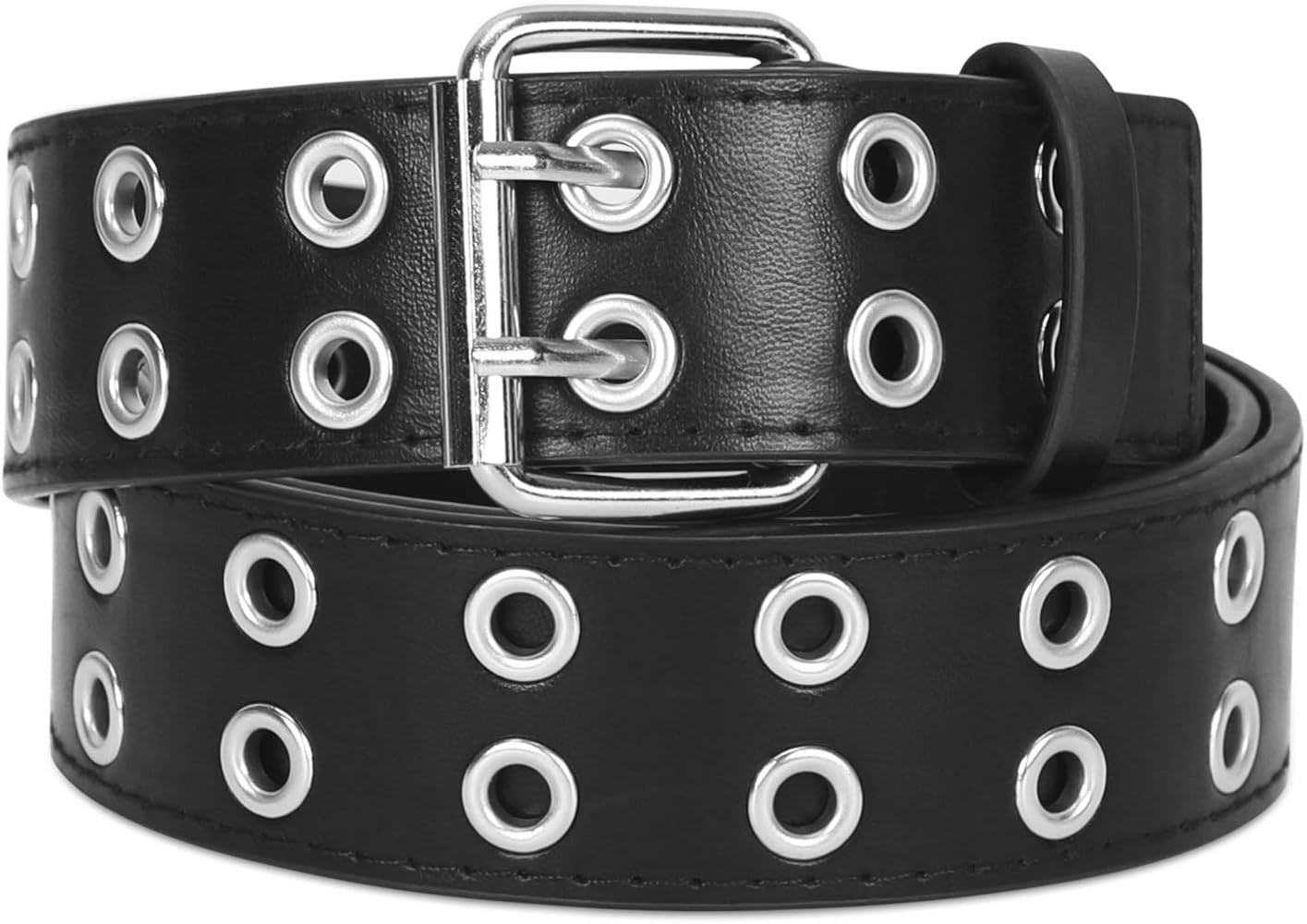 SANSTHS Women Double Grommet Studded Belts, Black Leather Belt for Women Men Punk belt | Amazon (US)