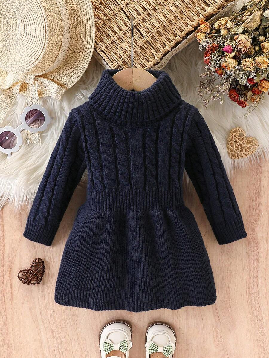 Baby Girl Solid Color Turtleneck Sweater Dress, Autumn/Winter, Baby Girl Sweater Dress, Toddler S... | SHEIN