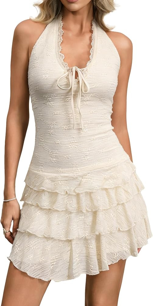 HYPERFIRE Women's Halter Backless Lace Western Cowgirl Dress Layered Hem Festival Outfit | Amazon (US)