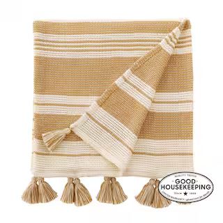 Home Decorators Collection Light Brown Stripe Turkish Cotton Textured Throw Blanket with Tassels ... | The Home Depot